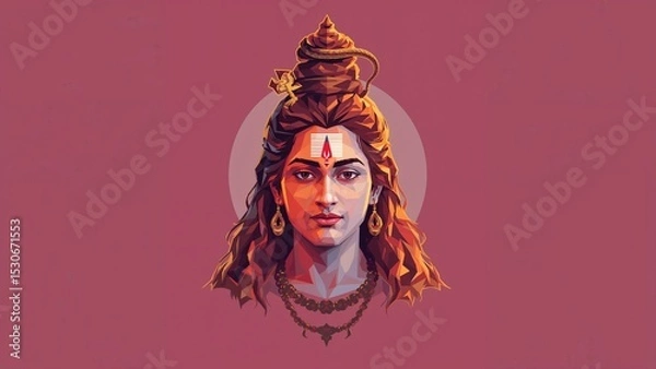Fototapeta Polygonal portrait of Lord Shiva with a prominent tilak, against a red background.