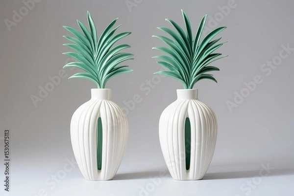 Fototapeta Two elegant white vases with teal green foliage on a clean minimalist background