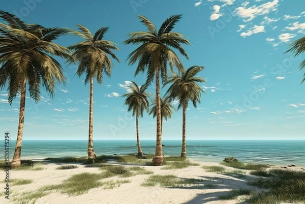 Fototapeta Tropical beach scene featuring palm trees sandy shoreline and gentle ocean waves under blue skies
