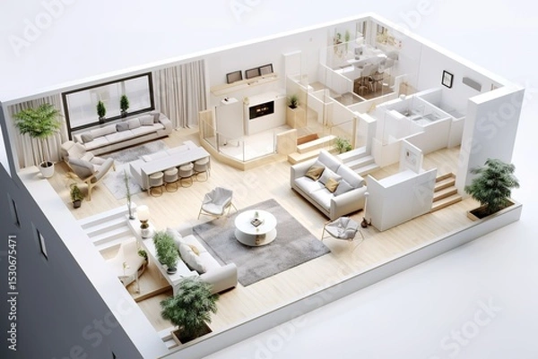 Fototapeta Modern interior design isometric view showing furniture and architectural elements in a bright layout