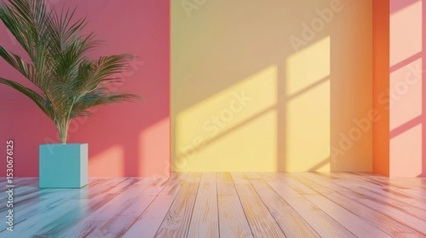 Fototapeta A Beautiful Isolated Plant in a Vase on Elegant Wooden Floor for Creative Space Design