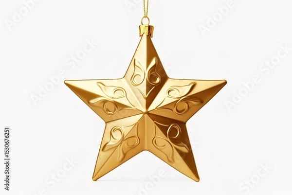 Fototapeta Golden christmas star ornament hanging with intricate decorative swirls isolated on white background