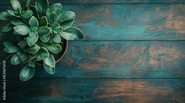 Fototapeta A Pot of Lush Green Plants on a Wooden Table Ideal for Text Space Design