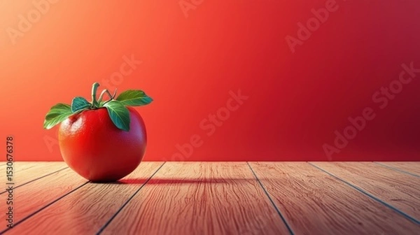 Fototapeta An Isolated Red Apple on a Wooden Table with Ample Space for Creative Text Placement