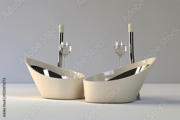 Fototapeta Elegant display of wine glasses and bottles with modern curved bathing vessel concept
