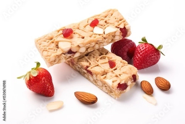 Fototapeta Nutritious granola bars with fresh berries and almonds on a clean white background