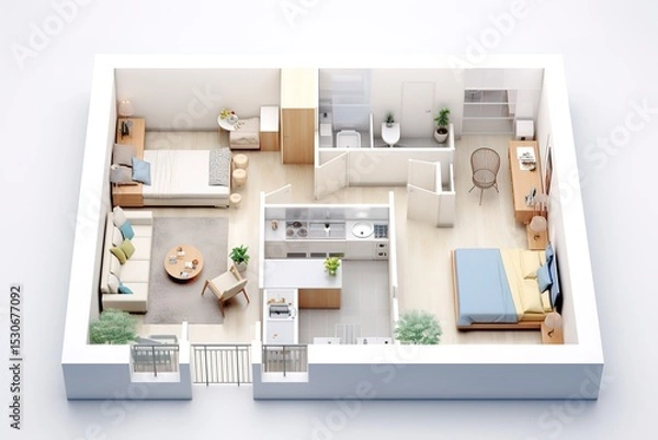 Fototapeta Modern apartment interior design illustrated top down perspective with furniture arrangement