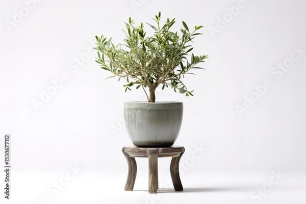 Fototapeta Olive tree in a gray pot on a small wooden table against white background
