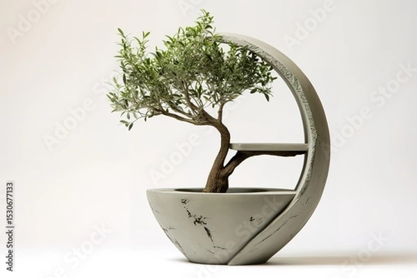 Fototapeta Modern decorative concrete planter featuring a small olive tree against a clean white background