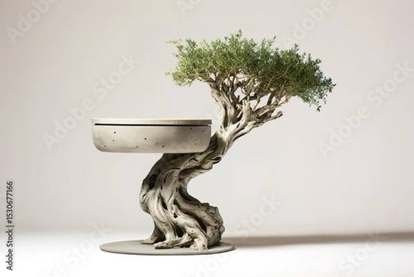 Fototapeta Unique artistic conceptual design of table with olive tree base and concrete top