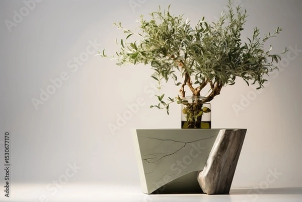 Fototapeta Olive tree bonsai displayed on a unique modern concrete and wooden geometric base