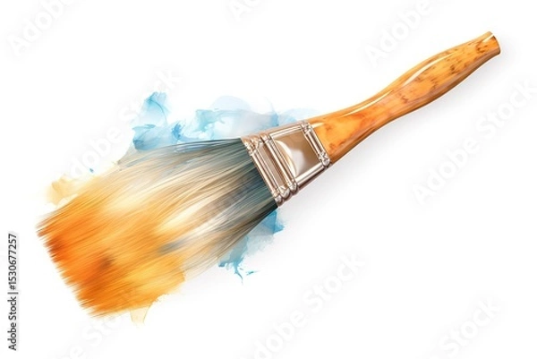 Fototapeta Artistic paintbrush with detailed bristles creating a watercolor splash on white background