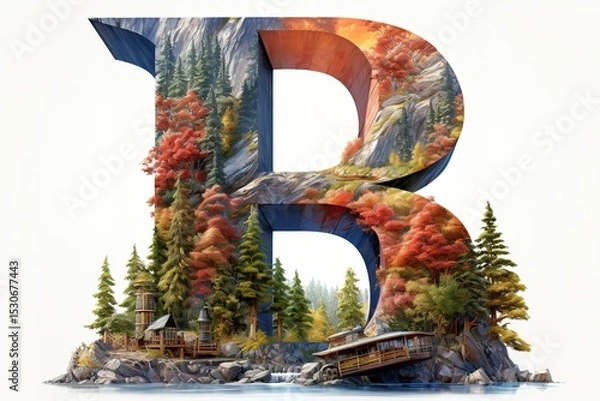Fototapeta Unique artistic composition depicting the letter b with an illustration of a scenic forest landscape