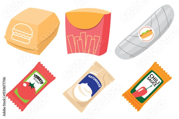 Fototapeta Fast Food Packaging and Sauce Sachets Vector Set