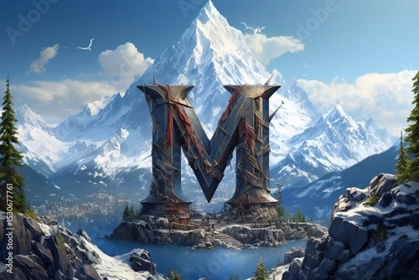 Fototapeta Majestic letter m monument set against snow capped mountains and serene landscape