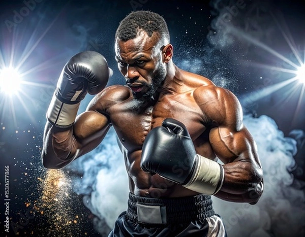 Fototapeta An intense shot of a muscular boxer in a boxing stance, focused and ready to fight. The atmosphere is charged with energy