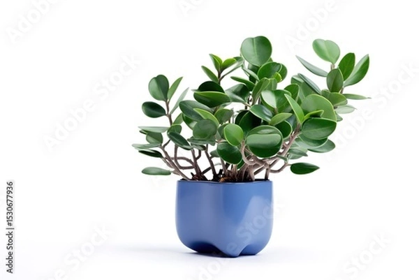 Fototapeta A vibrant peperomia obtusifolia plant in a modern blue ceramic pot on white background