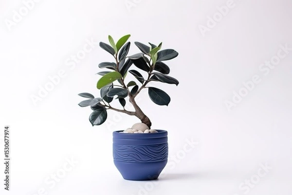 Fototapeta Ficus ginseng bonsai plant in a decorative blue pot with white pebble stones