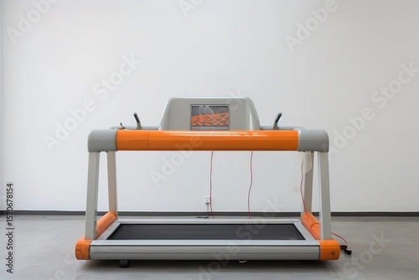 Fototapeta Modern fitness equipment treadmill with orange accents and lcd screen inside a clean space