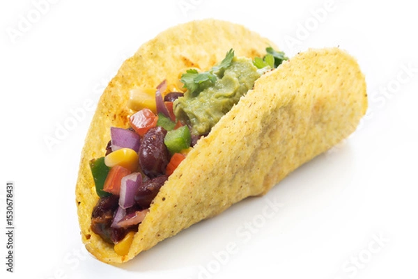 Fototapeta Vegan mexican Taco with beans ,guacamole ,tomato and vegetables isolated on White Background.