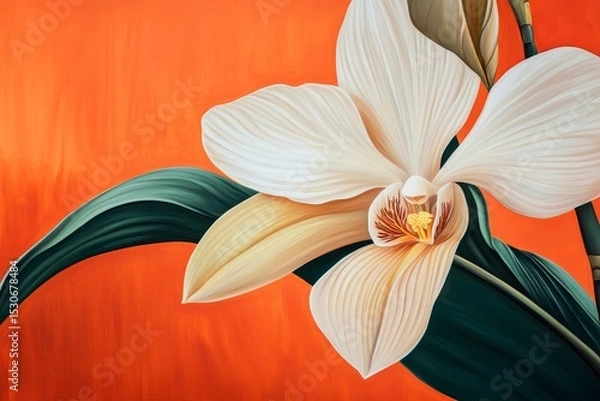Obraz Detailed depiction of a vibrant orchid against a striking orange backdrop.