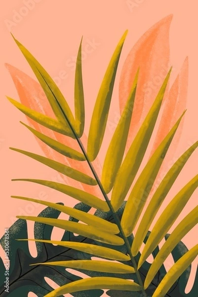 Obraz 抽象的な背景に重なる南国植物のイラスト | Tropical Plant Illustration with Abstract Background