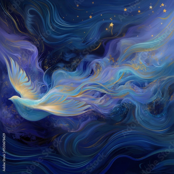 Fototapeta abstract representation of god, holy spirit, pentecost with vibrant navy blue design; artistic modern sky & dove flying 