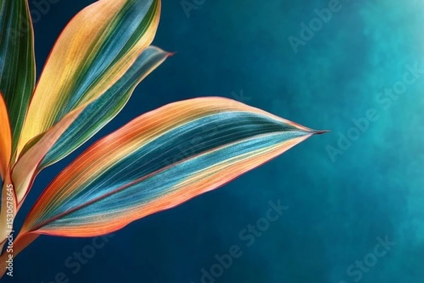 Obraz Vibrant leaves with multicolored veins against a teal background.