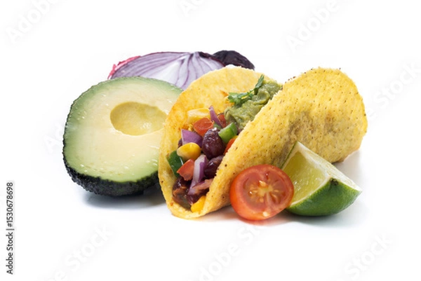 Fototapeta Vegetarian Taco and ingredients isolated on White Background. Vegan taco with beans 