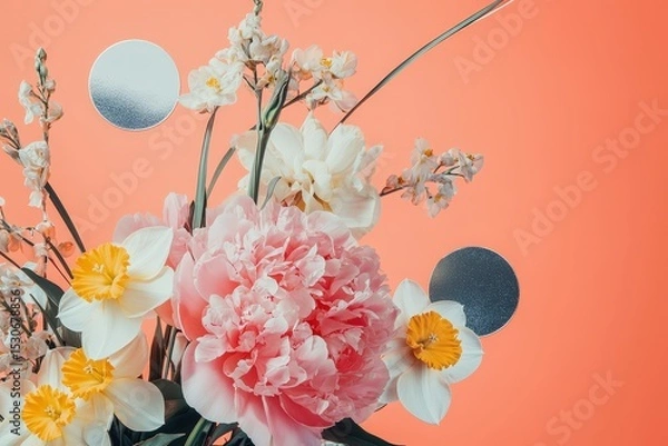 Obraz Delicate floral arrangement on a coral background.