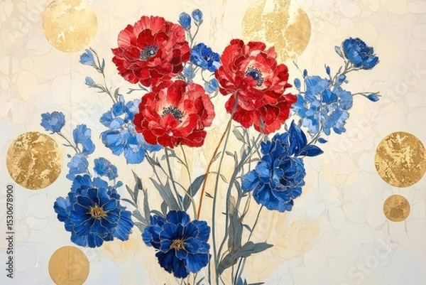 Obraz A vibrant bouquet of red and blue flowers on a light beige background.
