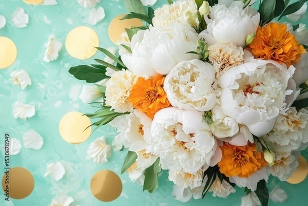 Obraz A bouquet of white peonies and orange marigolds.
