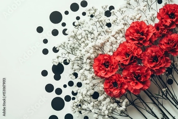 Obraz Red flowers and white gypsophila with black circles.