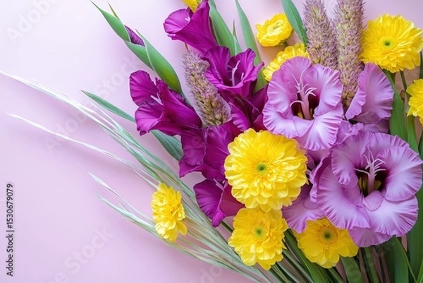 Obraz A vibrant bouquet of purple and yellow flowers arranged on a pastel background.