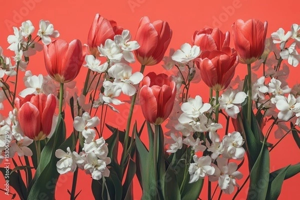 Obraz Vibrant arrangement of red tulips and white flowers against a coral backdrop.