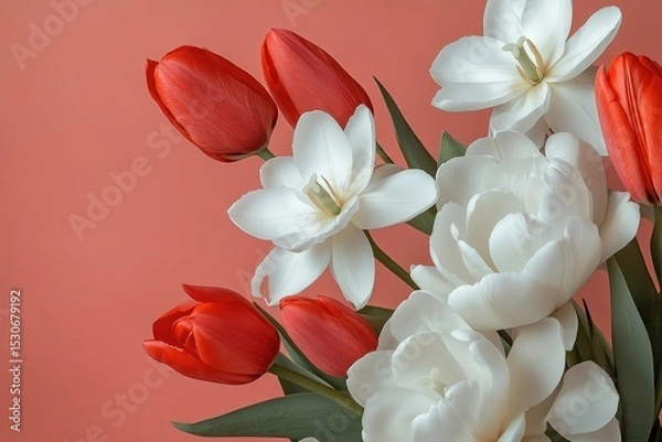 Obraz Close-up of a bouquet of red and white tulips.