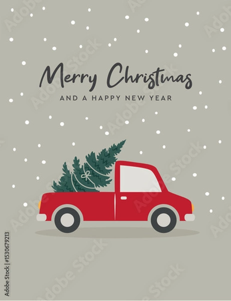 Obraz christmas greeting card with car and christmas tree vector illustration