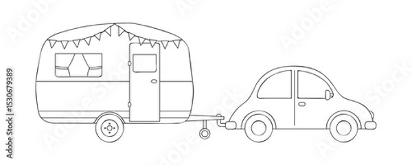 Obraz car with caravan camping design outline isolated vector illustration