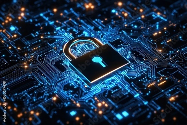 Obraz Secure digital circuit board with lock graphic.