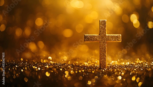 Fototapeta beautiful gold bokeh background with a christian cross