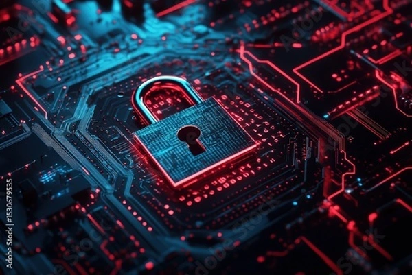 Obraz Padlock on a circuit board, illustrating security.