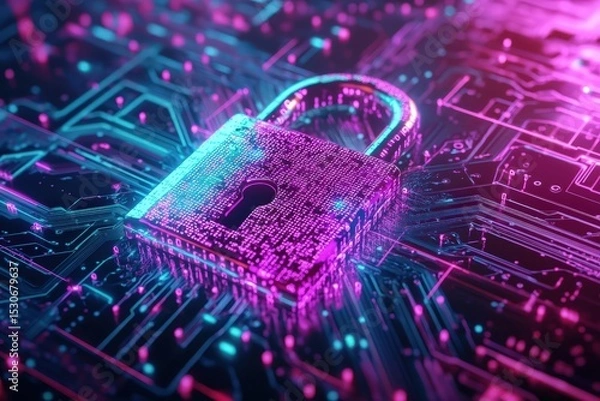 Obraz Secure digital padlock on circuit board.
