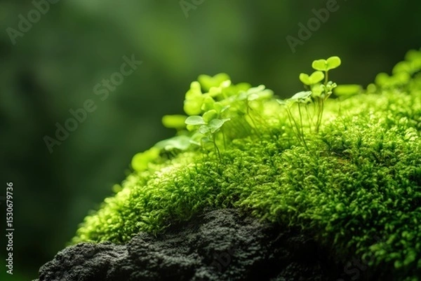 Obraz Close-up view of vibrant green moss and small plants.