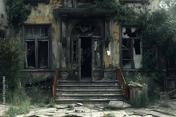 Fototapeta realistic illustration of an abandoned residential building exterior with broken windows