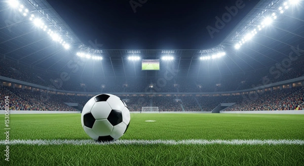 Fototapeta Soccer Ball On Green Field In Illuminated Stadium With Crowd During Night Game