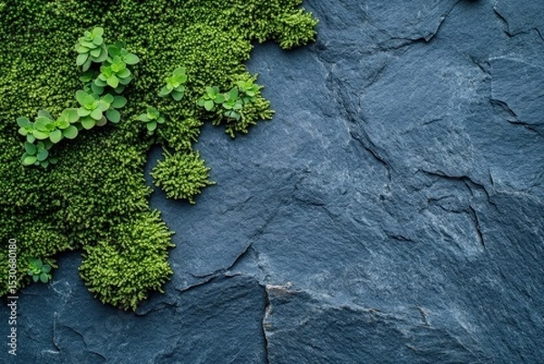 Obraz Lush green moss clinging to dark gray stone.