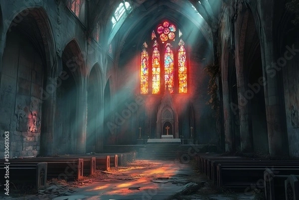 Fototapeta realistic illustration of an abandoned gothic church with broken stained glass
