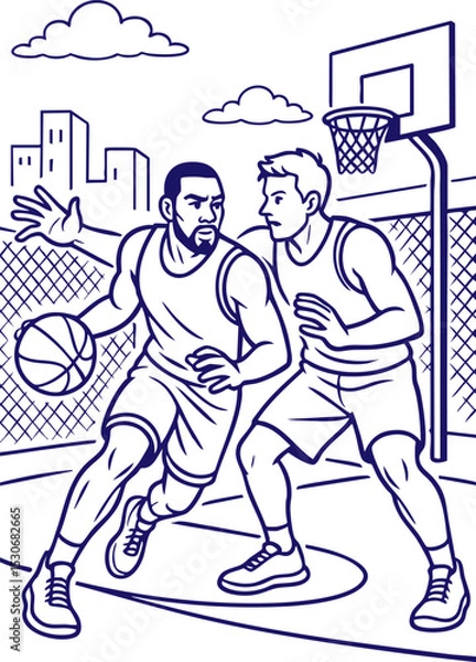 Obraz Two basketball players in one-on-one game line art illustration