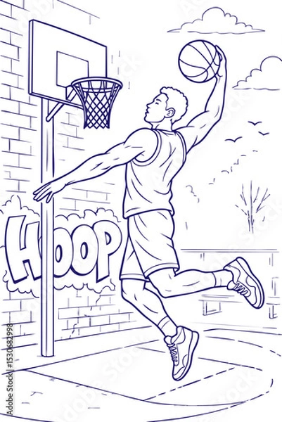 Obraz Basketball player dunking on outdoor court line art illustration