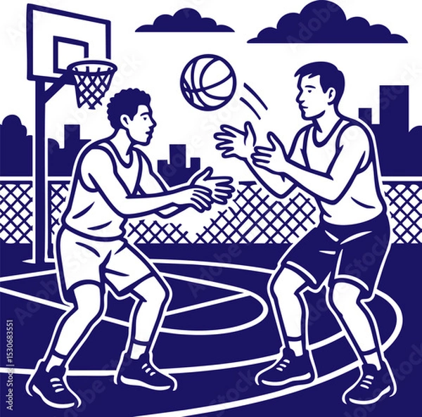 Obraz Two players passing basketball on outdoor court line art style